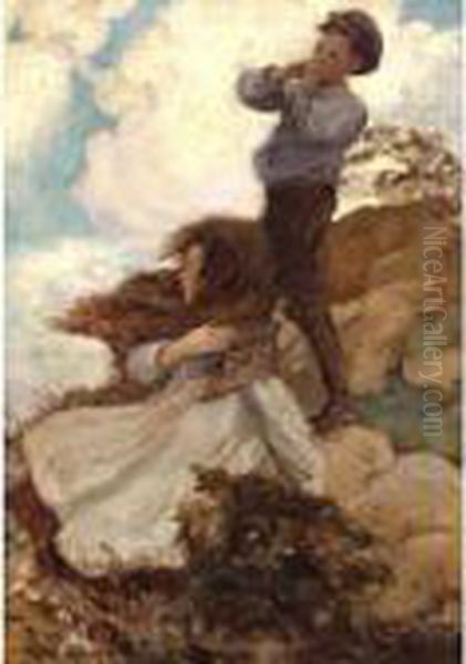 Two Children On A Windswept Hillside Oil Painting by Jessie Wilcox-Smith