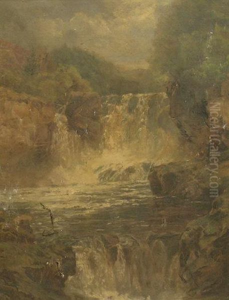 Figures By A Waterfall Oil Painting by John Brandon Smith