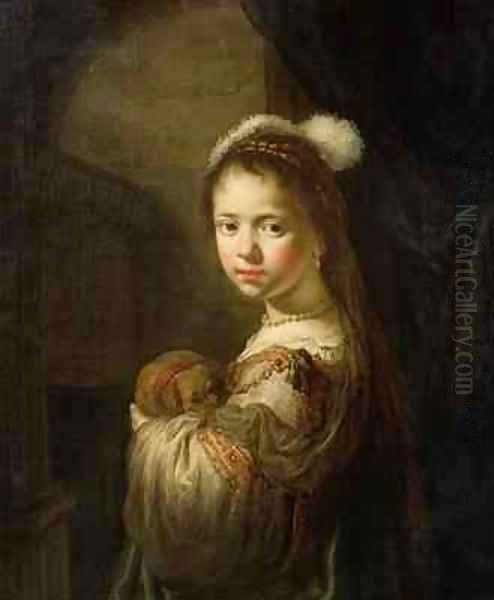 A Little Girl with a Puppy in her Arms Oil Painting by Govert Teunisz. Flinck