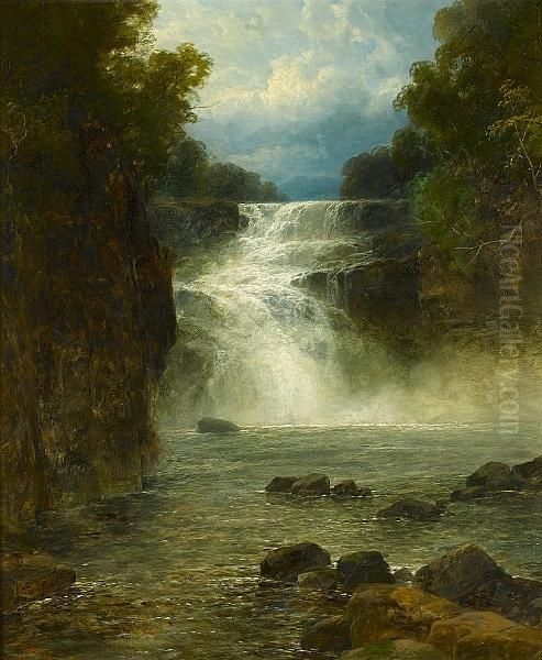 River Scene With Waterfall Oil Painting by John Brandon Smith