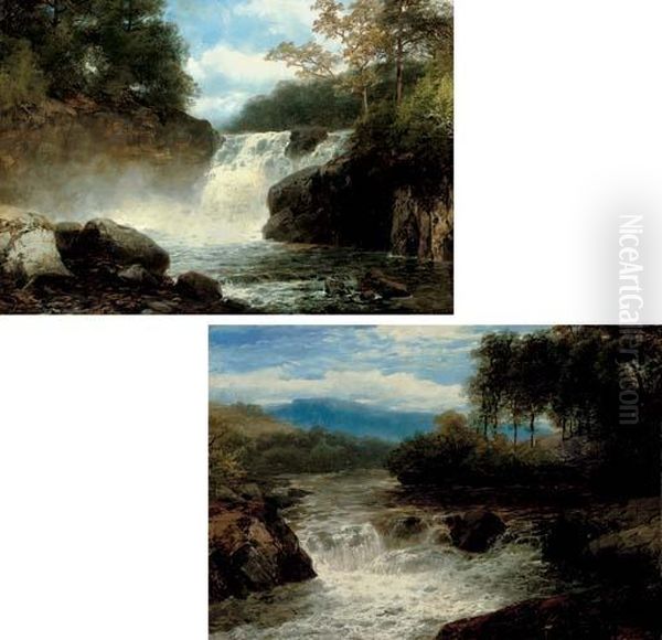 A Wooded River Landscape With Waterfall; And Another Similar Oil Painting by John Brandon Smith