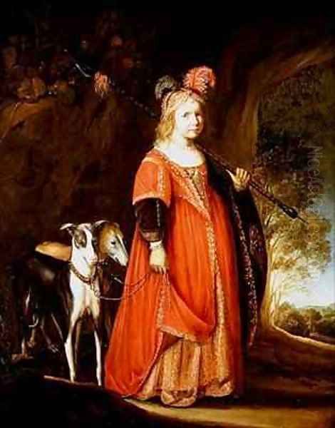 Portrait of a young girl as Diana in a glade with two greyhounds Oil Painting by Govert Teunisz. Flinck