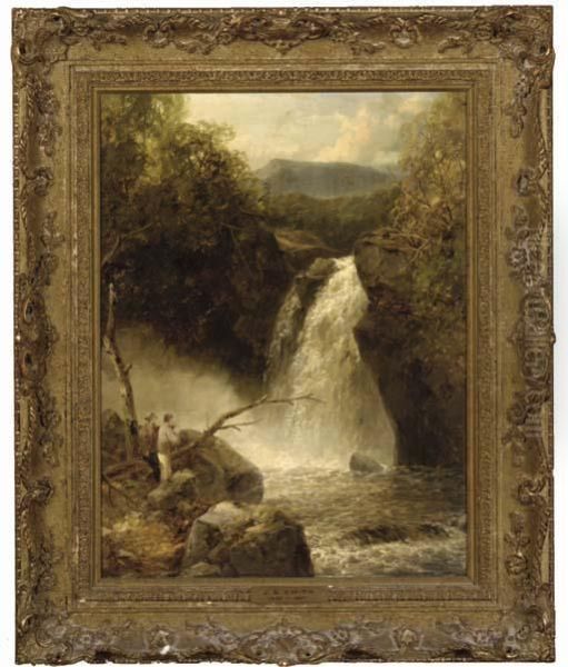 Figures Overlooking A Waterfall Oil Painting by John Brandon Smith