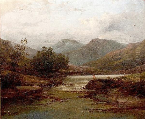 River Landscape With Shepherd And Sheep Oil Painting by John Brandon Smith