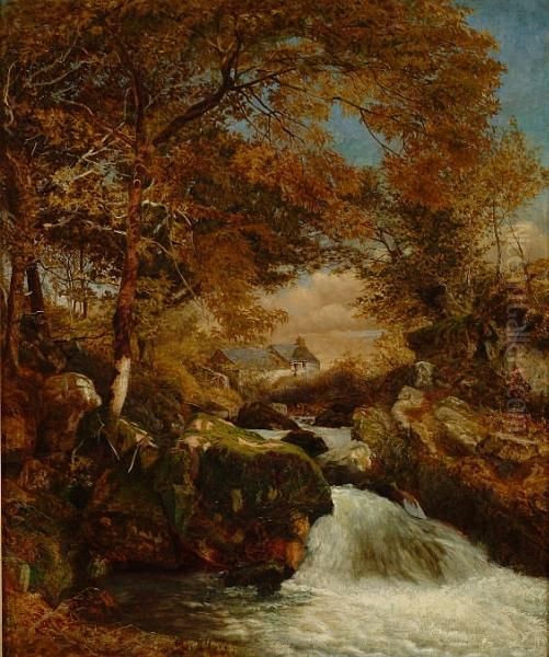 Upland River In Spate With Cottage Beyond Oil Painting by John Brandon Smith