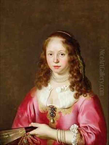 Portrait of a Girl in a Pink Dress Holding a Fan Oil Painting by Govert Teunisz. Flinck