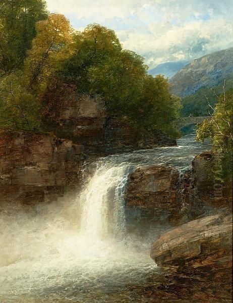 A Figure On A Bridge Overlooking A Waterfall Oil Painting by John Brandon Smith