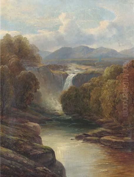 An Angler On A Riverbank; A Waterfall In A River Landscape Oil Painting by John Brandon Smith