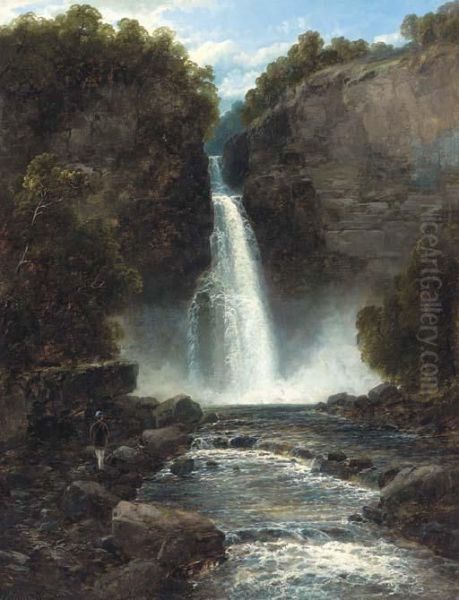 A Figure By A Waterfall Oil Painting by John Brandon Smith