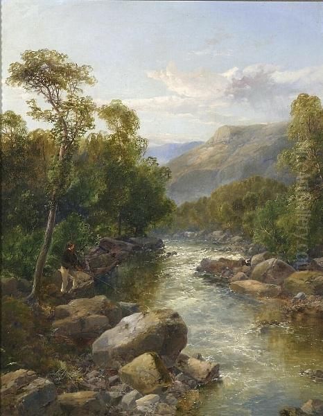 River Landscape With Boy With Fishing Net Oil Painting by John Brandon Smith