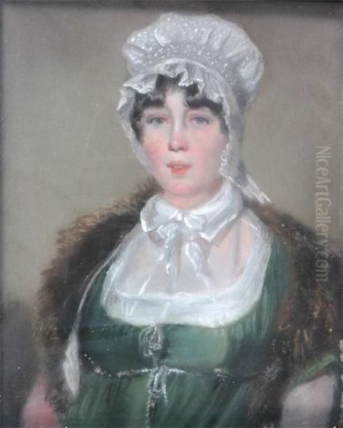 Portrait, Half Length Of A Lady In A Green Dress And Mink Coat And Lace Bonnet Oil Painting by John Raphael Smith