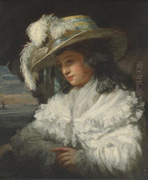 Portrait Of A Lady, Half-length, In A White Dress And Plumed Hat, Aseascape Beyond Oil Painting by John Raphael Smith