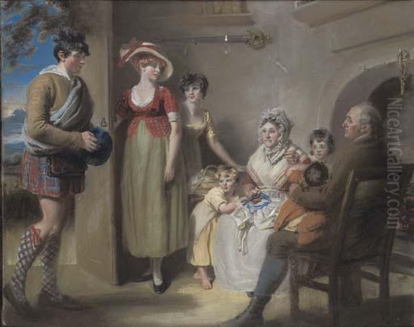 The Cotter's Saturday Night: 
'but Hark A Tap Comes Gently To The Door, Jenny Who Kens The Meaning Of 
The Same....' Oil Painting by John Raphael Smith