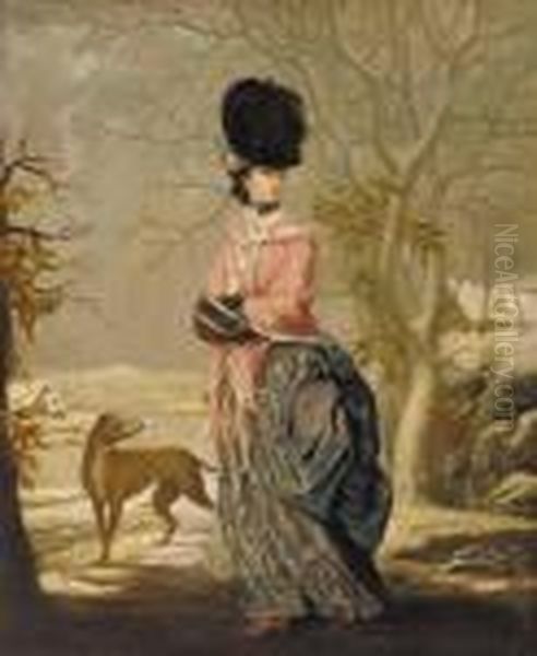 Winter, Portrait Of A Lady, 
Full-length, In A Blue Dress With Pink Wrap And Black Hat, In A 
Landscape With A Dog Oil Painting by John Raphael Smith