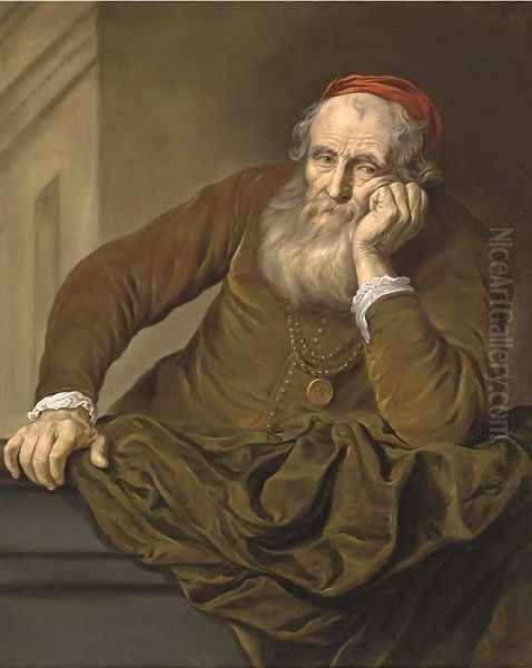 Portrait of an old man, half-length, wearing a red hat Oil Painting by Govert Teunisz. Flinck