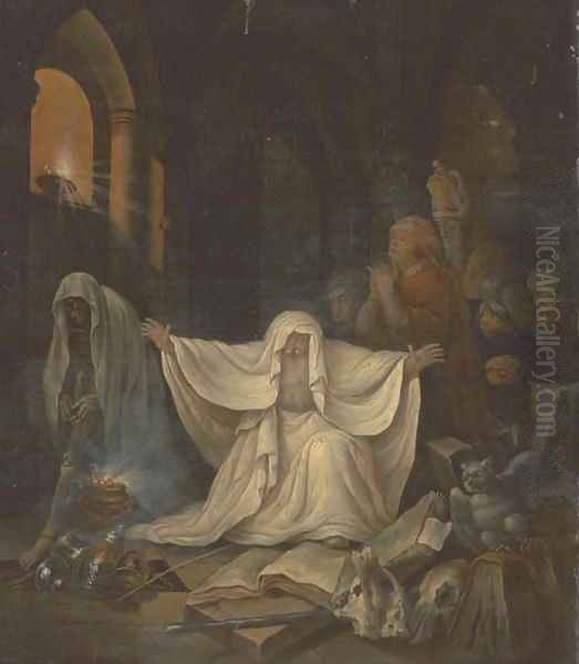 A gothic interior with a necromancer Oil Painting by Govert Teunisz. Flinck