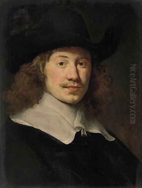 Portrait of a gentleman, bust-length, in black costume with a lace collar Oil Painting by Govert Teunisz. Flinck