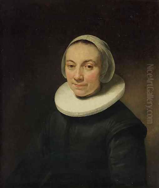 Portrait of a lady, bust-length, in a black dress with a ruff, and a white head-dress Oil Painting by Govert Teunisz. Flinck