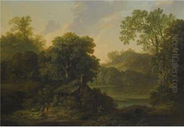 A Wooded Landscape With A Cottage And Figures By A Path Oil Painting by George, of Chichester Smith