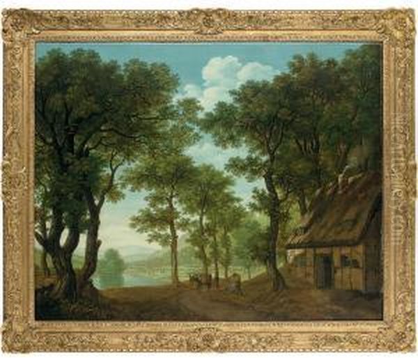 A Wooded River Landscape, 
Thought To Be On The Wye, A Traveller And His Mule By A Cottage Oil Painting by George, of Chichester Smith