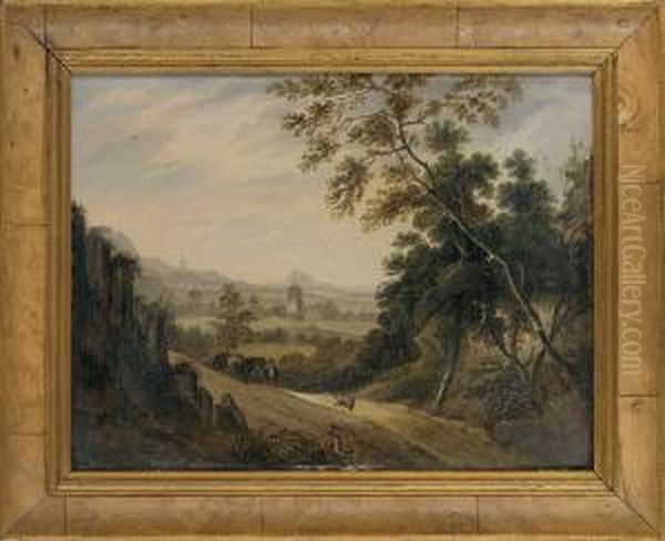 A Wooded Landscape With Travellers On A Track, A Church Beyond Oil Painting by George, of Chichester Smith