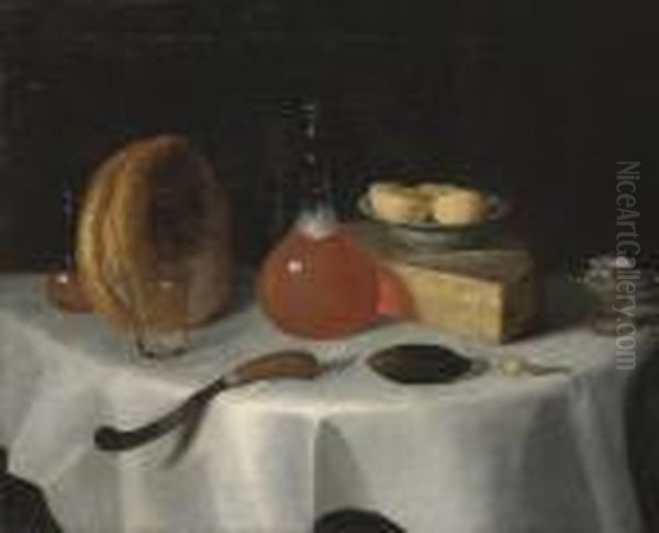 A Loaf Of Bread, A Flask Of Ale, A Wedge Of Cheese, A Knife And A Pickle On A Table Oil Painting by George, of Chichester Smith