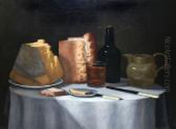 Still Life Of Bread, Cheese, Glass Of Ale Andbottle Of Ale Oil Painting by George, of Chichester Smith