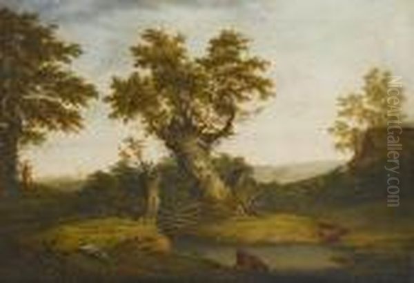 A Wooded River Landscape With Cattle Watering And Figures Resting On The Banks Oil Painting by George, of Chichester Smith