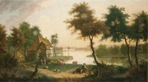 Extensive River Landscape With A Herdsman And Other Figures In The Foreground Oil Painting by George, of Chichester Smith