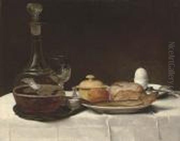 Still Life With Bread, A Kipper,
 An Egg And A Decanter Of Ale On A Table With A White Linen Table-cloth Oil Painting by George, of Chichester Smith