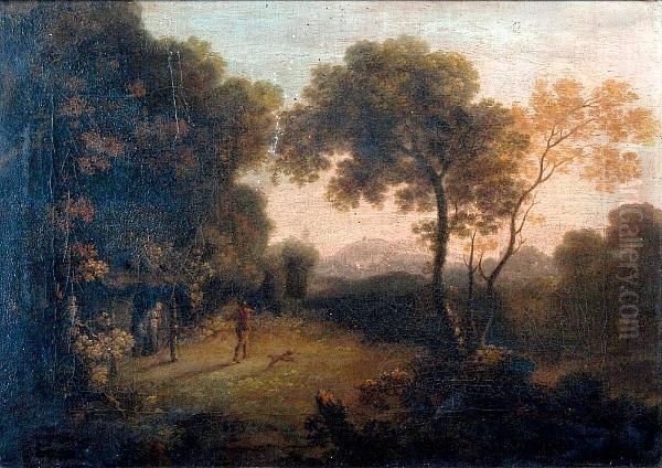 Wooded Landscape With Figures And Dog Outside A Cottage, A Town Visible In The Distance Oil Painting by George, of Chichester Smith