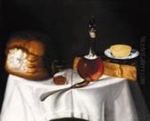 Still Life With Bread, Cheese And A Decanter Oil Painting by George, of Chichester Smith