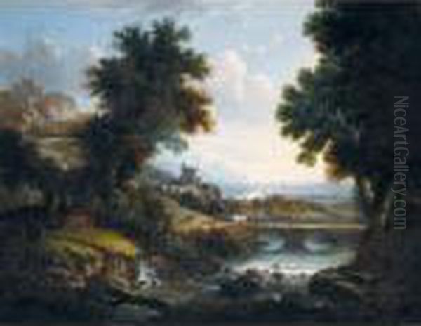 An Extensive Italianate Landscape With Gypsies In The Foreground Oil Painting by George, of Chichester Smith