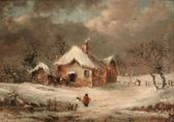 A Winter Landscape; A House Ablaze At Night Oil Painting by George, of Chichester Smith