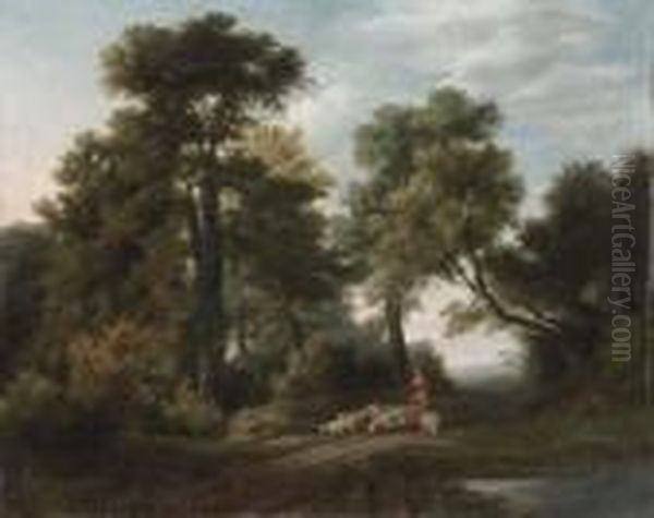 A Wooded Landscape With Shepherd And Flock Oil Painting by George, of Chichester Smith