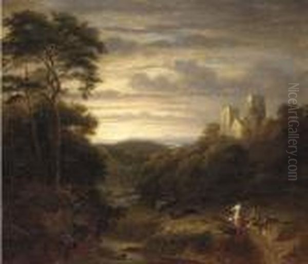 A Family Resting On A Track, An Abbey In An Extensive Landscape Beyond Oil Painting by George, of Chichester Smith