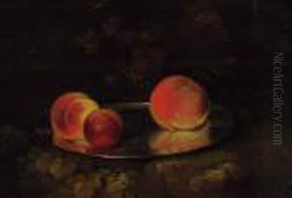 Peaches And A Plum On A Silver Dish Oil Painting by George, of Chichester Smith