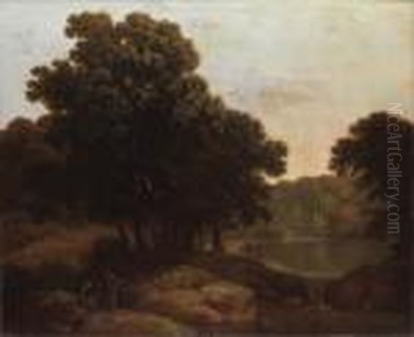 A Wooded Lake Landscape With Figures, A Cottage Beyond Oil Painting by George, of Chichester Smith