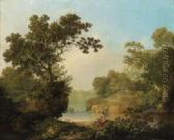 A Wooded River Landscape With Figures, A Cottage Beyond Oil Painting by George, of Chichester Smith