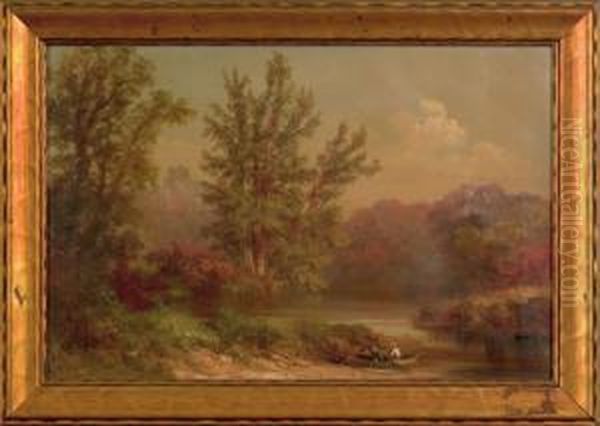 Pennsylvania Landscape With Fisherman Oil Painting by William Russell Smith