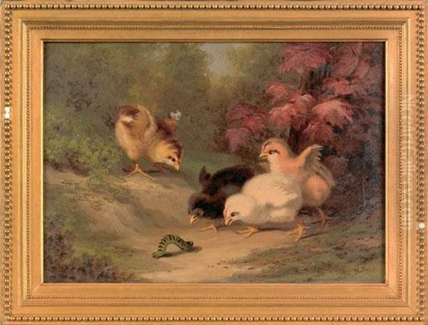 Scene Of Four Chicks Chasing A Caterpillar Oil Painting by Xanthus Russell Smith