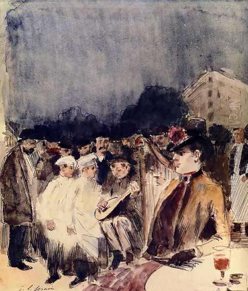 Musiciens Ambulants Devant La Terrasse D'Un Cafe Oil Painting by Jean-Louis Forain