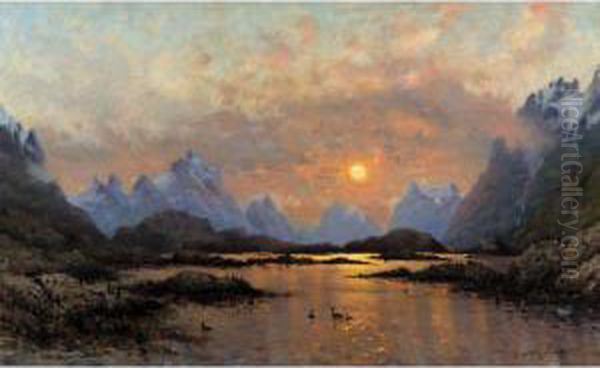 Solnedgang Over Et Fjellvann (sunset Over A Mountain Lake) by Frithjof Smith-Hald