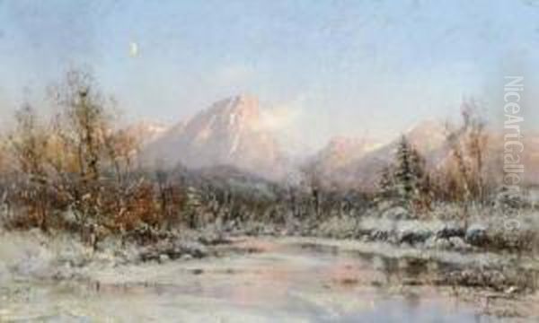 A View Of A Lake With Mountains, Late Winter Oil Painting by Frithjof Smith-Hald