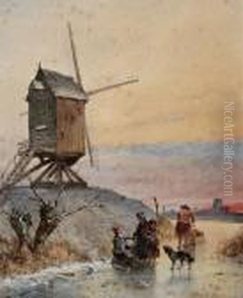 Ijsgezicht Met Kinderen En Duwslede Bij Een Molen Oil Painting by Johan Gerard Smits