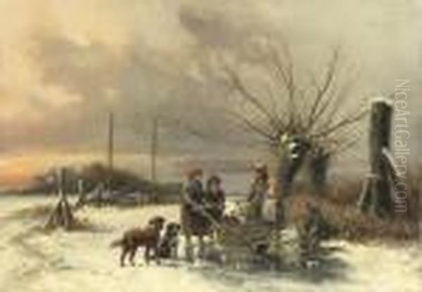 Children Gathering Firewood On The Ice Oil Painting by Johan Gerard Smits