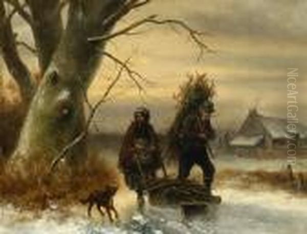 Figures With A Dog On The Ice Oil Painting by Johan Gerard Smits