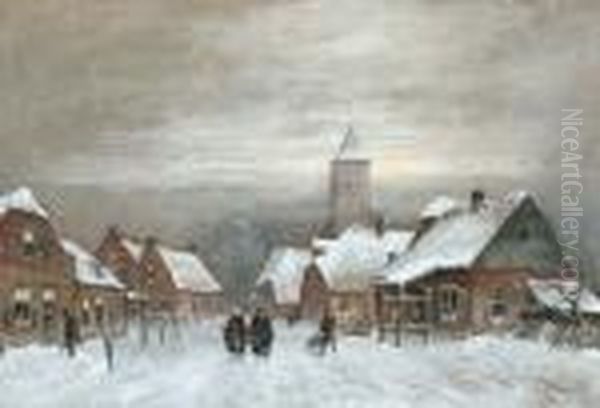 Winterse Dorpsweg Oil Painting by Johan Gerard Smits