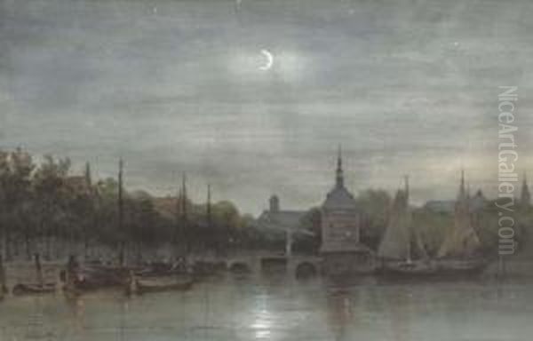 Alkmaar: The Harbour With The Accijnstoren By Night by Johan Gerard Smits