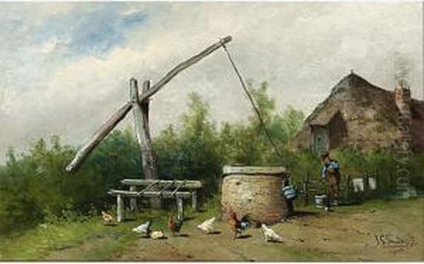 A Figure Near A Well Oil Painting by Johan Gerard Smits